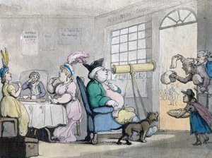 Ein beleibter Herr, der durch ein Teleskop schaut, 19. Jahrhundert von Unbekannt