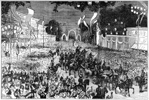Eine Prozession zur Feier des Geburtstags des Prinzen von Wales, Bombay, Indien, 19. Jahrhundert von Unbekannt