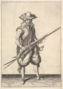 Ein Soldat schüttelt das Pulver vom oberen Teil der Pfanne, aus der Serie Musketiere, Platte 19 von Unbekannt