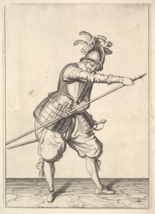 Ein Soldat, der seine rechte Hand entlang der Trainingslanze gleiten lässt, aus der Lansquenets-Serie, Platte 2