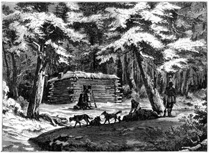 Eine Winterhütte im Saskatchewan-Land, Kanada, 1877