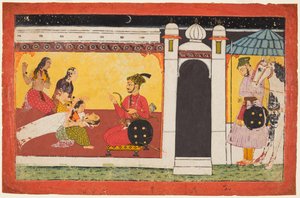 Eine Frau fällt vor einem Prinzen in Ohnmacht, eine Nachtszene aus einer Madhavanala Kamakandala Serie, um 1700 von Unbekannt