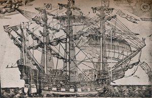 Ein Holzschnitt eines Schiffes, das als The Ark Royal gilt, um 1587 von Unbekannt