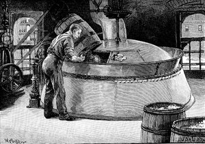 Hinzufügen von Hopfen zu kochendem Bier in einer amerikanischen Brauerei, 1885