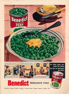 Werbung für Benedict verarbeitete Erbsen, 1951