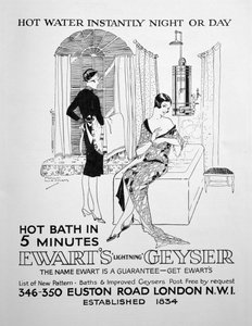 Werbung für Ewarts Geyser für heißes Wasser, 1928