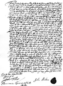 Vereinbarung zwischen John Milton und dem Drucker Samuel Symons über den Verkauf des Urheberrechts von 