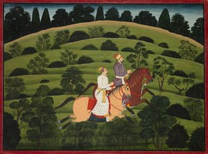 Akrura reitet nach Dwarka, Seite aus dem großen Basohli Bhagavata Purana, um 1760-1765