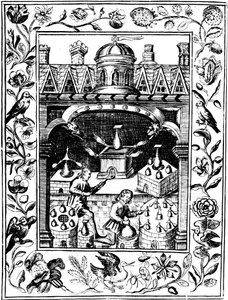 Alchemisches Labor, das verschiedene Formen von Öfen und Gefäßen zeigt, 1652 von Unbekannt