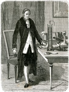 Alessandro Volta, italienischer Physiker, demonstriert seine elektrische Batterie, ca. 1800 ca. 1870