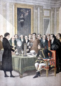 Alessandro Volta demonstriert seine Batterie für Napoleon, um 1800