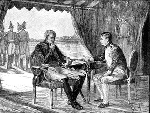 Alexander I. von Russland und Napoleon I. Bonaparte von Frankreich in Tilsit