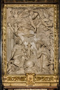 Altar des Heiligen Joseph oder Altar der Heiligen Familie, Hochrelief, Giacomo Bertesi 1668, Kathedrale Santa Maria Assunta, Kathedrale, Cremona, Lombardei, Italien (Foto)
