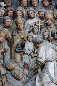 Amiens Übersetzung der Reliquien von St. Firmin. Ausgrabung der Überreste des Märtyrers. Detail der Geschichte von St. Firmin über dem liegenden Adrien Henencourt. Kathedrale von Amiens, Amiens, Frankreich