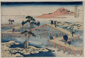 Ein altes Bild der Acht-Teil-Brücke in der Provinz Mikawa..., frühe 1830er Jahre