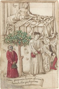 Ein Affe in Lila mit einem Kranken, einem guten Mann und einem Geizhals [fol. 36 verso], um 1512-1515 von Unbekannt