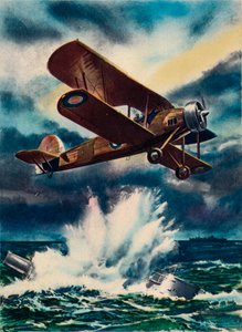 Künstlerische Darstellung eines Fairey Swordfish, der ein U-Boot in der Nordsee versenkt (1940)