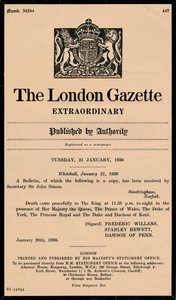 Ein außergewöhnliches Bulletin der London Gazette, das den Tod von König Georg V. ankündigt von Unbekannt