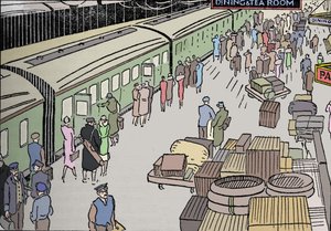 Illustration eines Bahnhofs aus den 1930er Jahren, 1937 von Unbekannt
