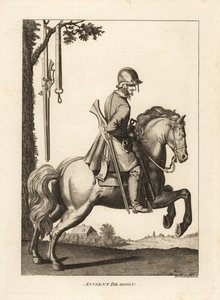 Alter Dragoner zu Pferd mit Helm, Muskete und Pulverhorn von Unbekannt