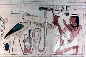 Altägyptischer Papyrus des Todes, der vor einer Schlange kniet von Unbekannt