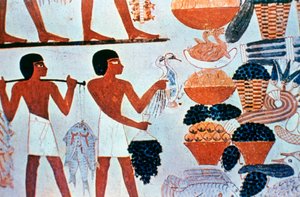 Alte ägyptische Wandmalereien in einem Grab in Theben, Ägypten