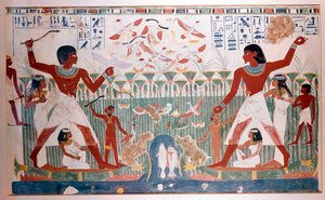 Alte Ägypter jagen Wildvögel mit Wurfstöcken