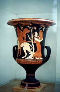 Antike griechische Vase mit roter Figurenverzierung, einschließlich einer Tänzerin, 5. Jahrhundert v. Chr. von Unbekannt