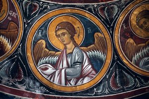 Engelmedaillon um Christus und das Jüngste Gericht (Detail) der byzantinischen Freske aus dem Narthex-Gewölbe der Kirche von Asinou. Jüngstes Gericht Szene 14. Jahrhundert (1332) UNESCO-Weltkulturerbe, Troodos-Region, Zypern