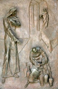 Türskulptur der Verkündigungsbasilika: Wunder der Hochzeit zu Kana, Nazareth, Israel