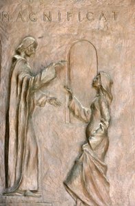 Skulptur an der Tür der Verkündigungsbasilika: die Heimsuchung (Maria und Elisabeth), Nazareth, Israel von Unbekannt