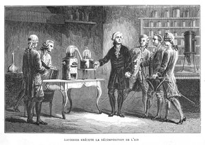 Antoine Laurent Lavoisier, französischer Chemiker, demonstriert seine Entdeckung des Sauerstoffs, 1776 1874