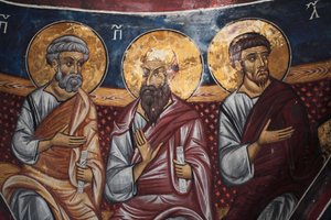 Darstellung der Apostel um Christus und das Jüngste Gericht Detail des Byzantinischen Freskos aus dem Narthex-Gewölbe der Kirche von Asinou Jüngstes Gericht Szene 14. Jahrhundert (1332) UNESCO-Weltkulturerbe Troodos-Region, Zypern von Unbekannt