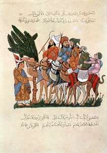Arabische Reisende auf Kamelen, die am Ende ihrer Reise begrüßt werden