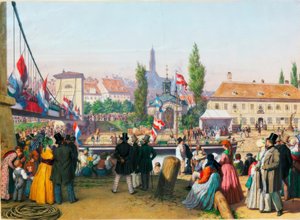 Ankunft des Dampfschiffs an der Station am Donaukanal, Wien, 1845 von Unbekannt