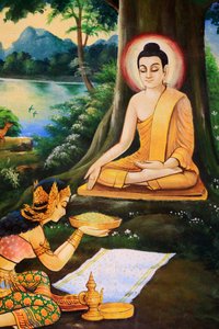 Asketischer Buddha wurde am Morgen seiner Erleuchtung von Nandabala eine Schale Milchreis angeboten. Gemälde, das die Lebensgeschichte von Shakyamuni Buddha darstellt. Wat Ong Teu Mahawihan. Tempel des Schweren Buddha. Vientiane. Laos, 20151028, Vientiane, von Unbekannt