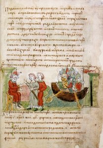Askold und Dir bitten Rurik um Erlaubnis, nach Konstantinopel zu gehen, aus der Radziwill-Chronik