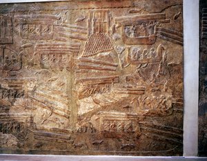 Assyrisches Relief zeigt den Transport von Holz aus dem Libanon über Wasser, Khorsabad, 8. Jahrhundert v. Chr. von Unbekannt