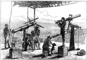 Astronomen warten auf eine Sonnenfinsternis, Indien, 1872