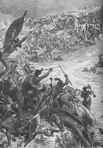 Angriff der Zulus auf die Eskorte des Achtzigsten Regiments am Intombe-Fluss, 1879