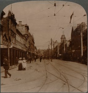 Aucklands Hauptgeschäftsstraße, Queen St., Blick nach Süden, Neuseeland, ca. 1900