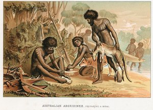 Australische Ureinwohner bereiten eine Mahlzeit aus einem gejagten Tier zu, um 1895 von Unbekannt