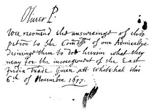 Autographische Notiz von Oliver Cromwell zu einer Petition der East India Company, November 1657, 1893 von Unbekannt
