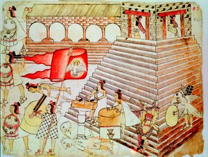 Aztekische Krieger verteidigen den Tempel von Tenochtitlan gegen die Konquistadoren, 1519-1521 von Unbekannt