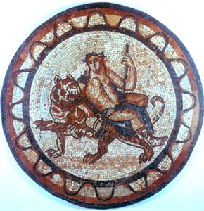 Bacchus, antiker römischer Weingott, reitet auf einem Tiger, römisches Mosaik, 1. oder 2. Jahrhundert von Unbekannt