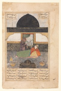 Bahram Gur besucht die Prinzessin von Indien im Schwarzen Pavillon, Illustration und Text...recto ca. 140 von Unbekannt