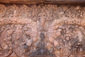 Banteay Srei Tempel in Angkor, Kambodscha. Aufwendig geschnitzt, Siem Reap, Kambodscha