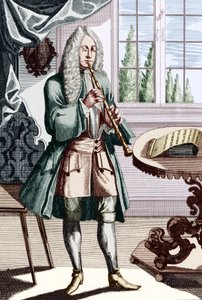 Barockoboe Musiker, Beschriftung lautet - Mann spielt Hautbois (oder Hautbois), was eine frühe Oboe ist. Gravur von J. C. Weigel (1661-1726) aus Musikalisches Theatrum. von Unbekannt