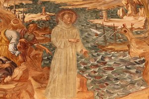 Basilika di Santa Caterina, Galatina, Apulien, Fresko im Kreuzgang: St. Antonius predigt den Fischen, Gemalt von Br. Joseph von Gravina im Jahr 1696, Galatina, Italien von Unbekannt