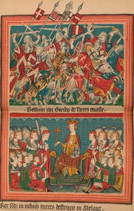 Schlacht und Gerichtshof während Heinrich VIIs Marsch auf Rom: Eine Seite aus dem Codex Balduineus von Unbekannt